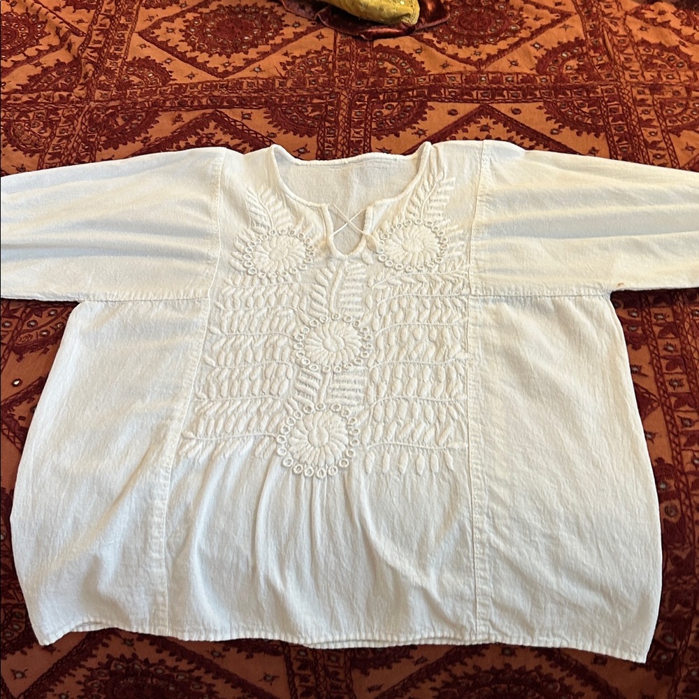 Women's White Embroidered Oaxacan  V-Neck Blouse - Picture 3 of 6